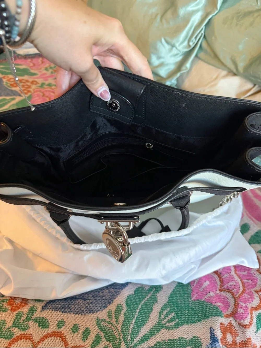Michael Kors White & Black Saffiano Leather Hamilton Tote Bag | MK Lock